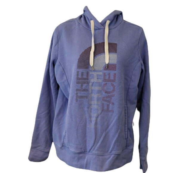 The North Face Blue Pullover Hoodie Medium Spellout Raised Dot Logo Sweatshirt - Picture 1 of 13
